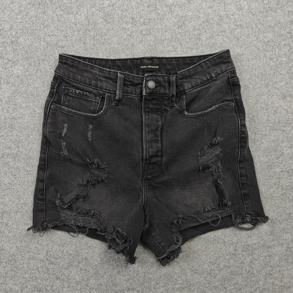 Good American Bombshell Shorts Womens 6/28 Black Distressed Denim Cutoff Raw Hem